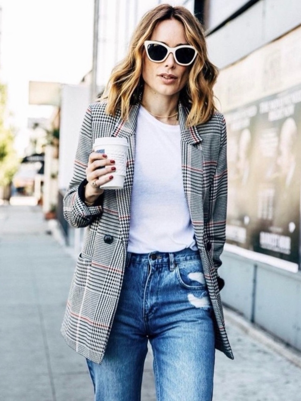 Anine Bing Gray Checked Blazer with Subtle Cream and Black Plaid